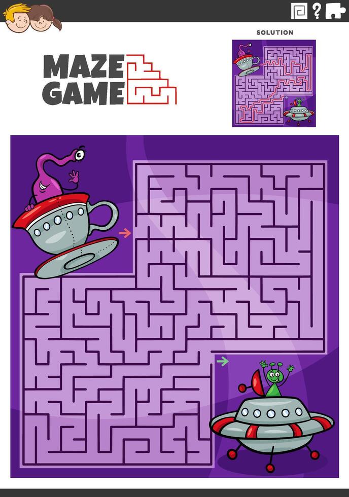 maze activity with cartoon aliens characters in space ships vector