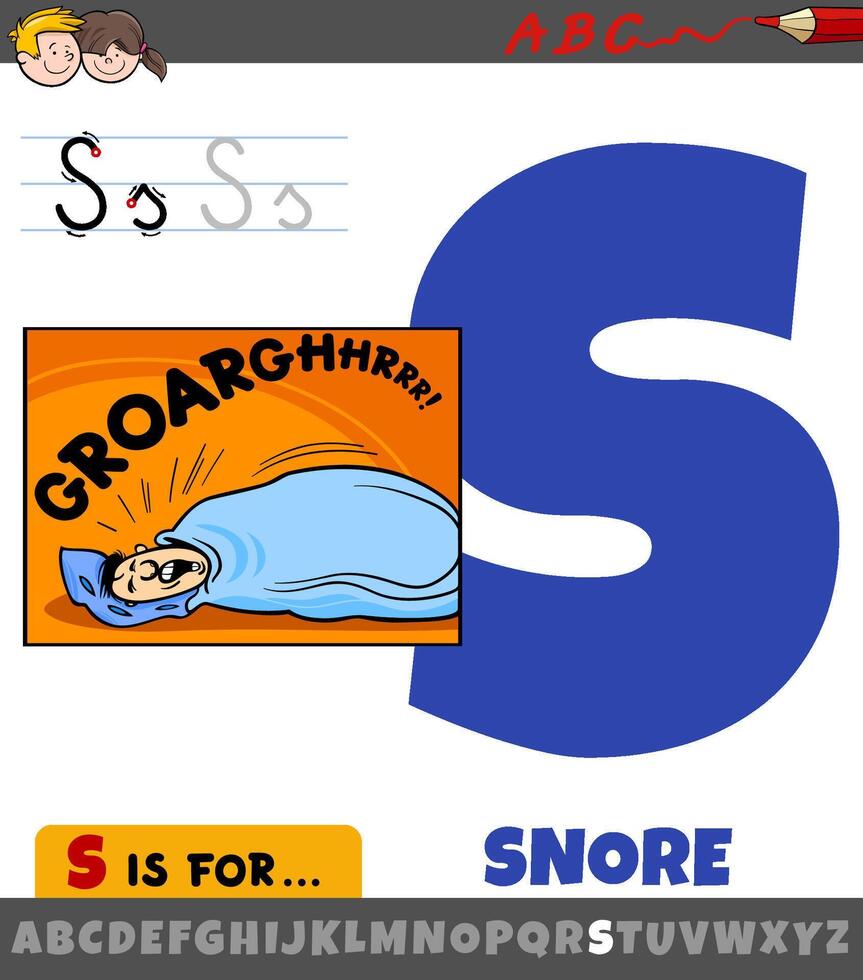 letter S worksheet with cartoon snore phrase vector
