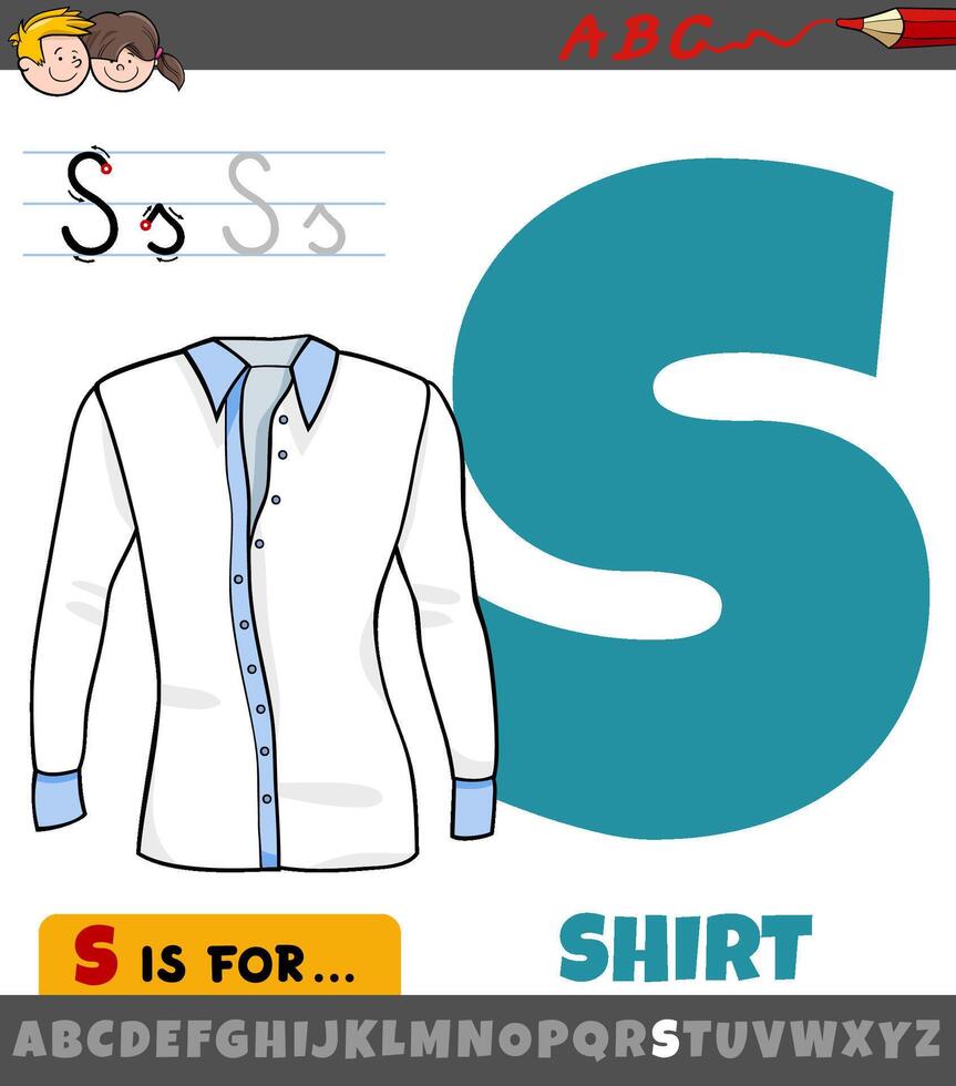 letter S worksheet with cartoon shirt object vector