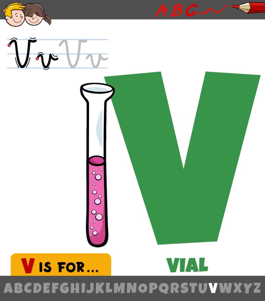 letra v desde alfabeto con dibujos animados frasco objeto vector