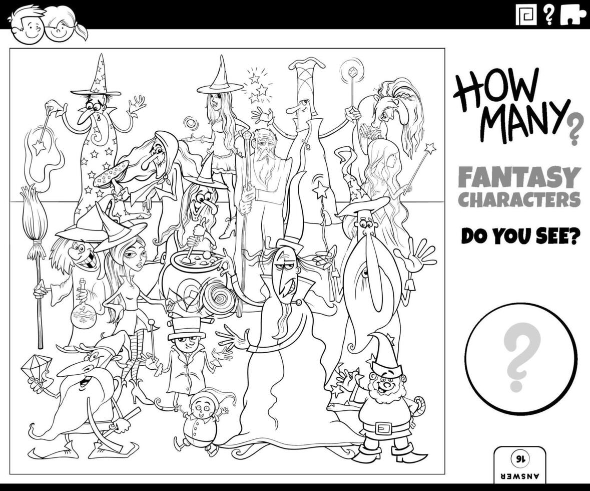 counting cartoon fantasy characters educational activity coloring page vector