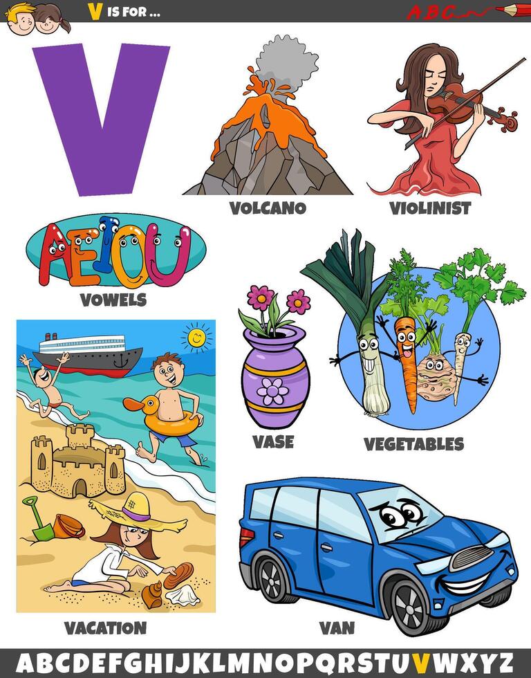 Letter V set with cartoon objects and characters vector