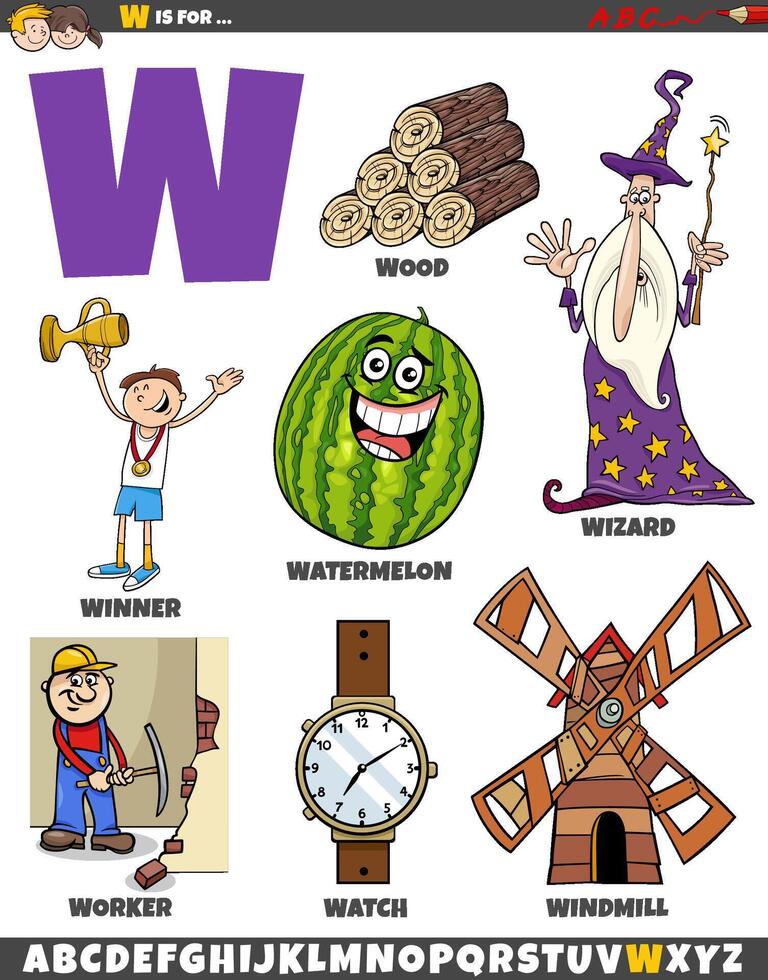 Letter W set with cartoon objects and characters vector