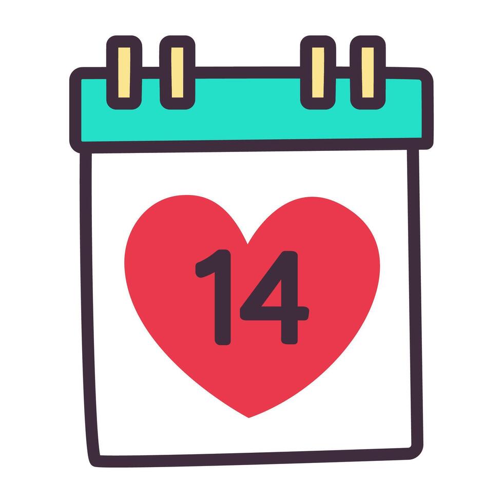 Valentine's day traditional decoration. Illustrations in cartoon style. Wall calendar with the date February 14. Number 14 on the calendar. vector