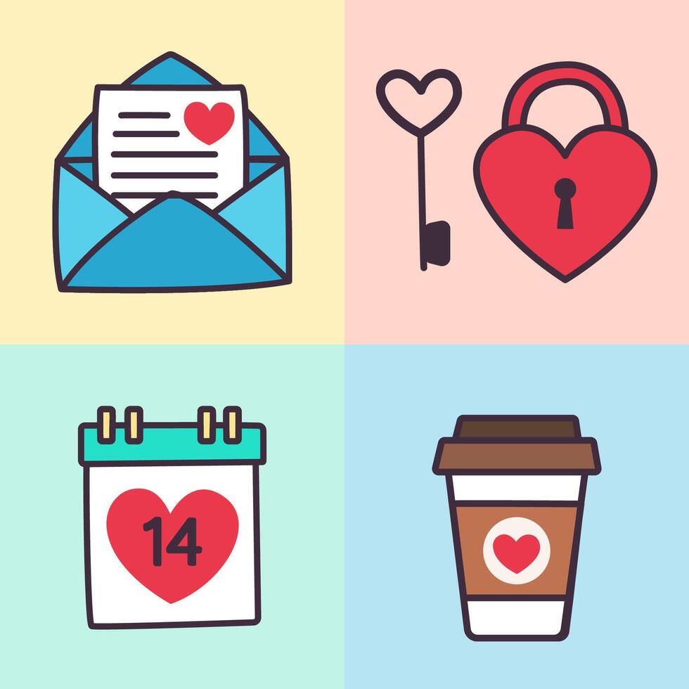 Valentines day elements vector set. Gifts, hearts, envelopes, desserts, locks and other traditional decorations. Cartoon style illustrations.