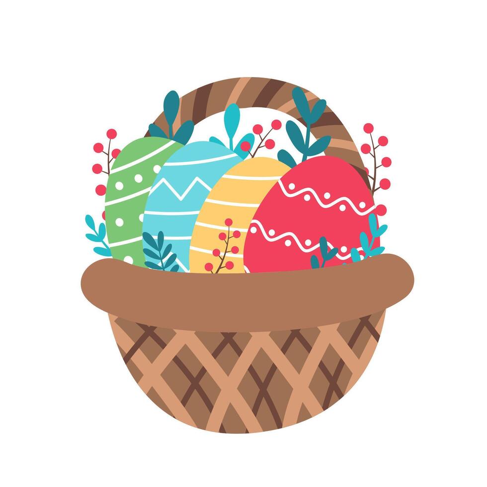Easter design. Basket with painted Easter eggs. Vector illustration in flat style