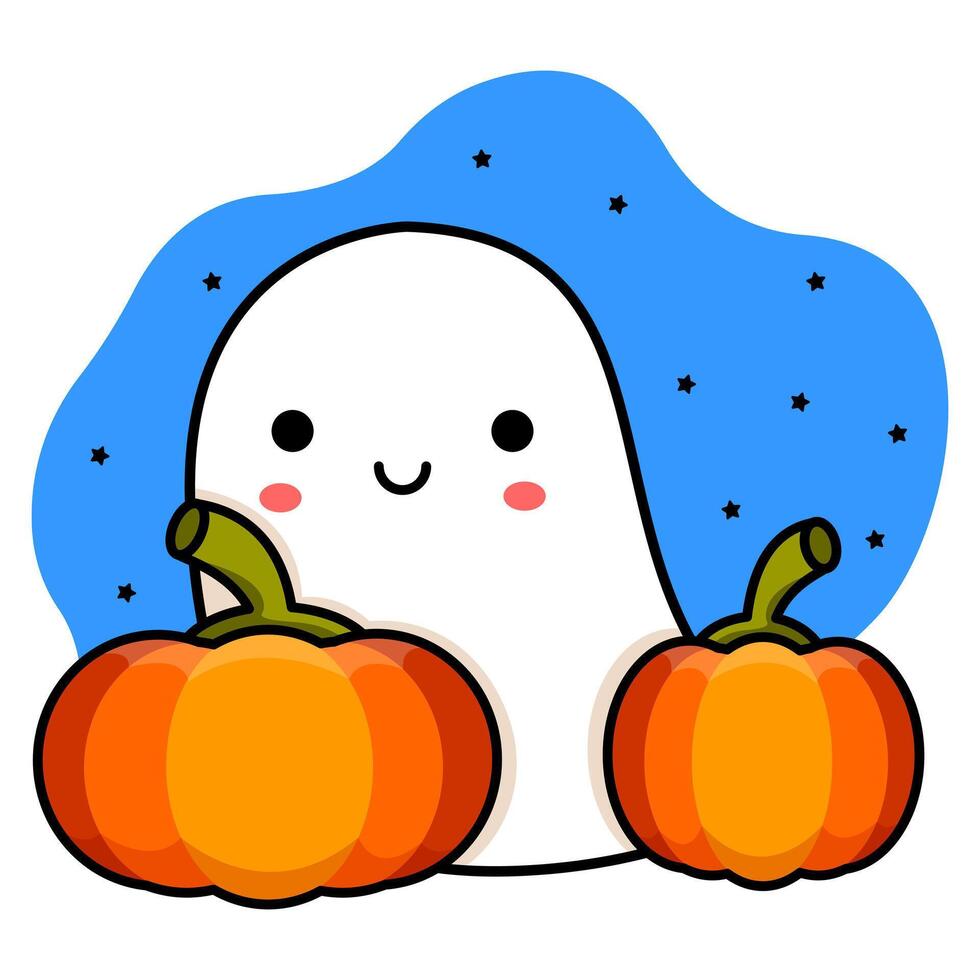Smiling ghost and pumpkins. Sky and stars. halloween drawing. Vector illustration