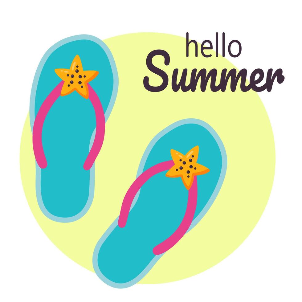 Hello summer. Beach slippers with starfish. Summer flip flops. Vector illustration in flat style