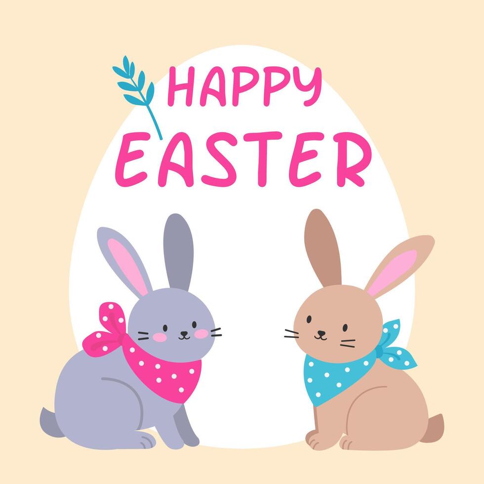 Two cute rabbits. Happy easter. Vector illustration in flat style