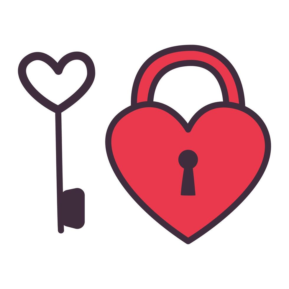 Valentines day traditional decoration. Illustrations in cartoon style. Heart-lock and key. vector