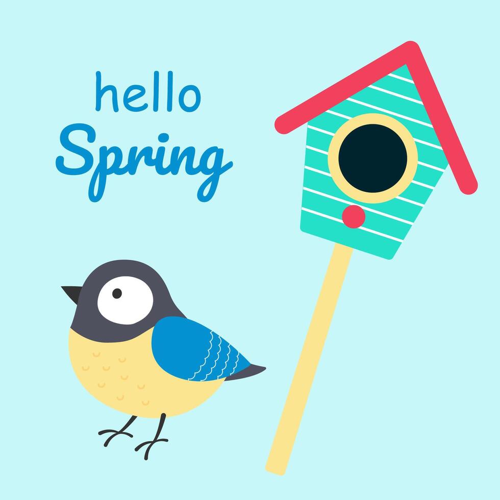 Little bird and birdhouse. The inscription hello spring. Vector illustration in flat style