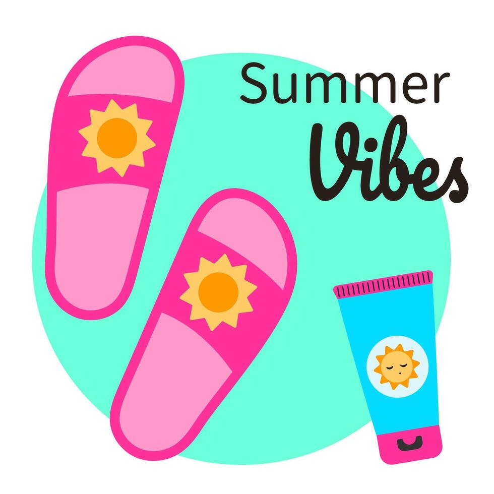 Hello summer. Beach flip-flops and sunscreen. Vector illustration in flat style.