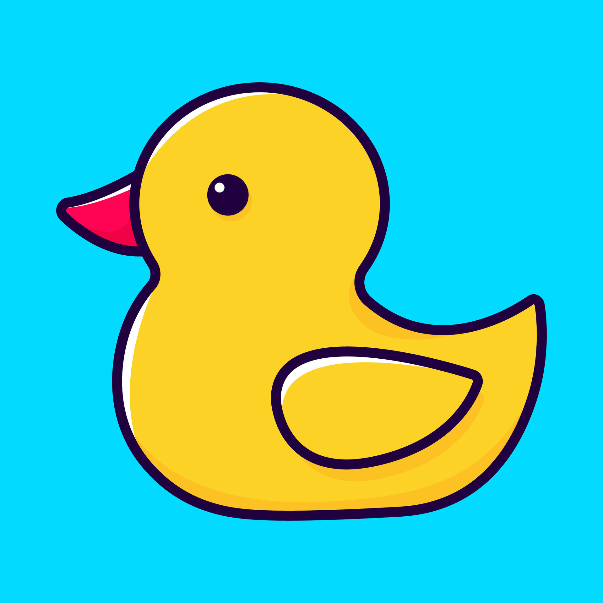 Cute yellow rubber duck in cartoon style. Side view. Flat vector