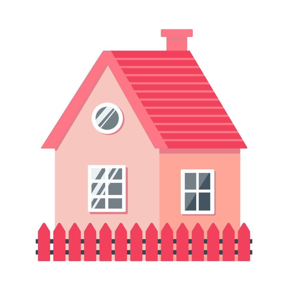 House with pink walls and red roof. Red fence. Vector illustration.