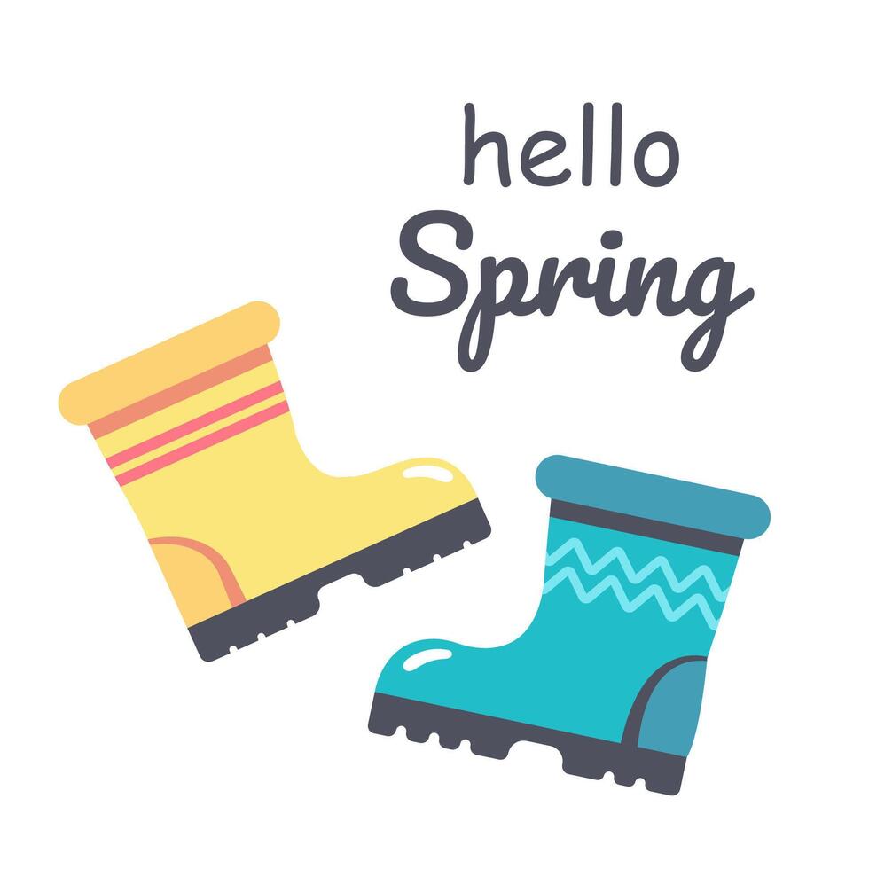 primavera mano dibujado huellas dactilares diseño. pares de diferente caucho botas. contento primavera. vector ilustración.