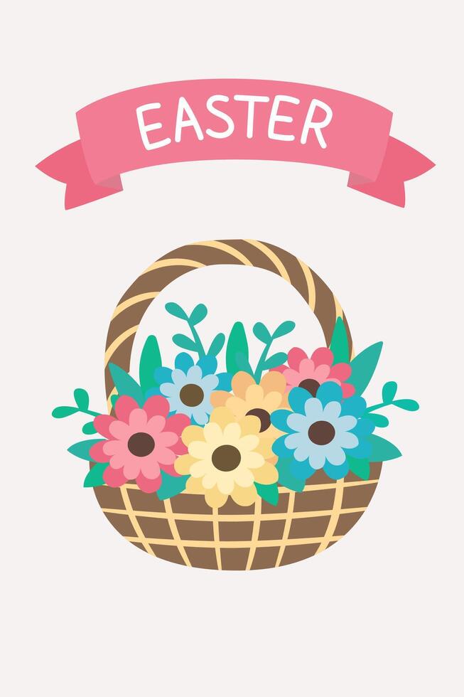 Basket with spring flowers. Red ribbon with the inscription Easter. Easter card. Flat vector illustration.