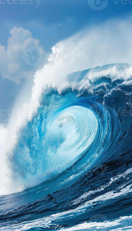 AI generated Majestic colossal ocean wave crashing against the blue sky, a breathtaking view of nature s power. photo