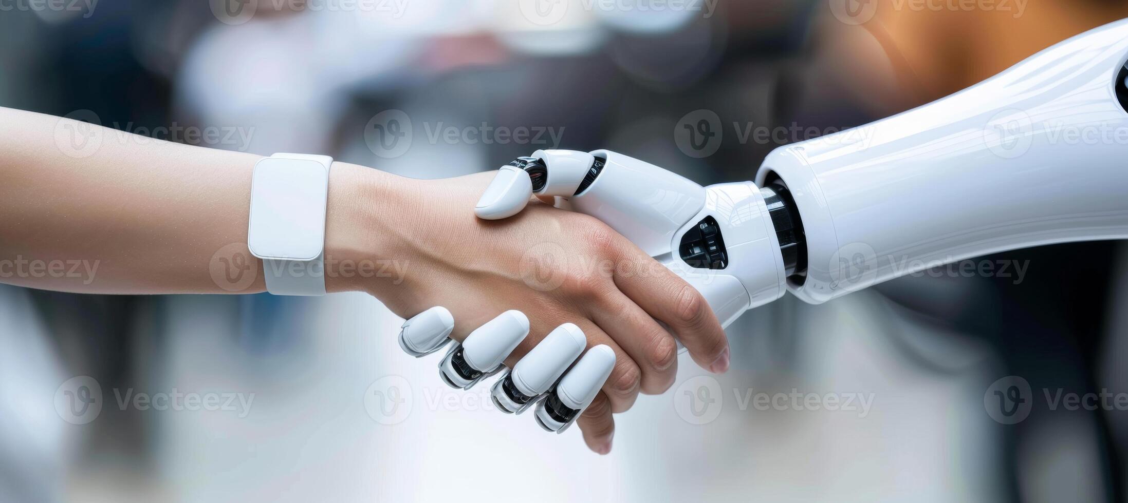 AI generated Woman and robot hands shake, symbolizing technology and humanity collaboration on blurred background photo