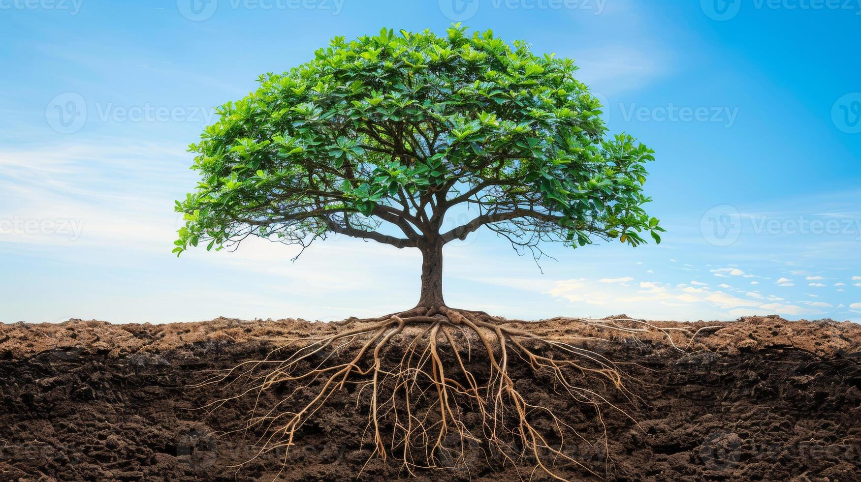 AI generated Large green tree with visible roots on ground, ideal background for text placement photo