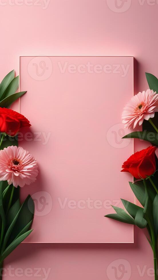 AI Generated frame of flowers, pink background photo