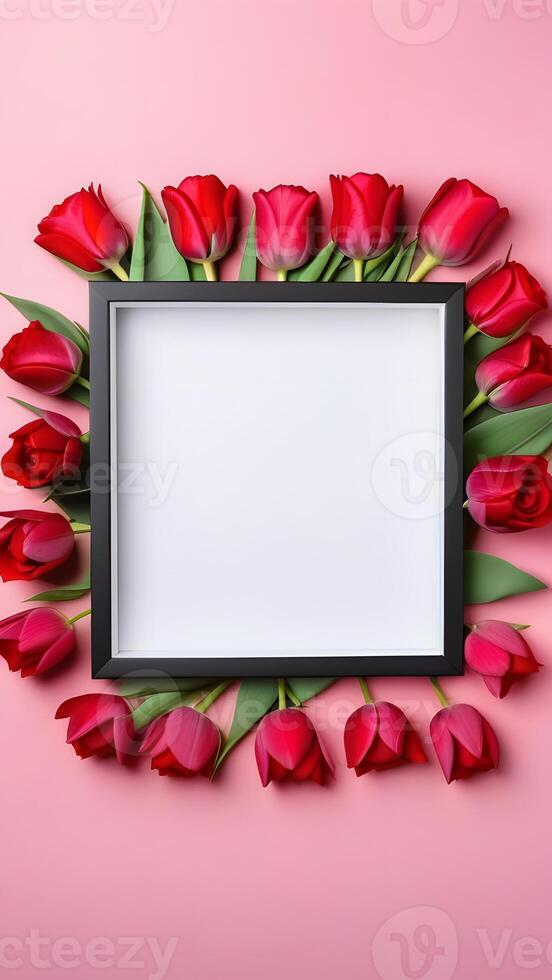 AI Generated square frame of flowers, mocap, pink background, vertical format photo