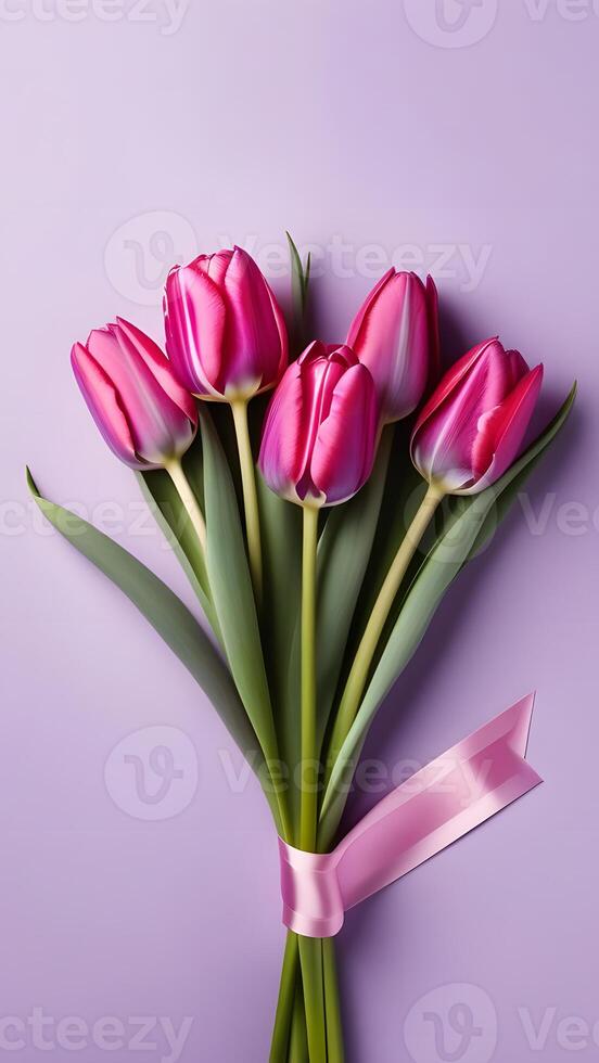 AI Generated tulips on purple background, vertical format photo