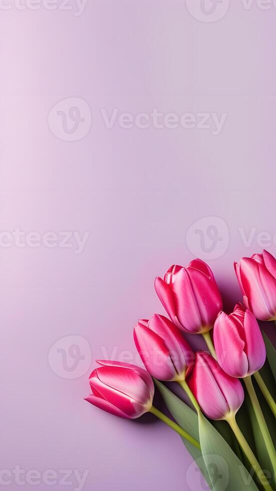 ai generado tulipán flores en pastel lavanda fondo, espacio para texto, historia formato foto