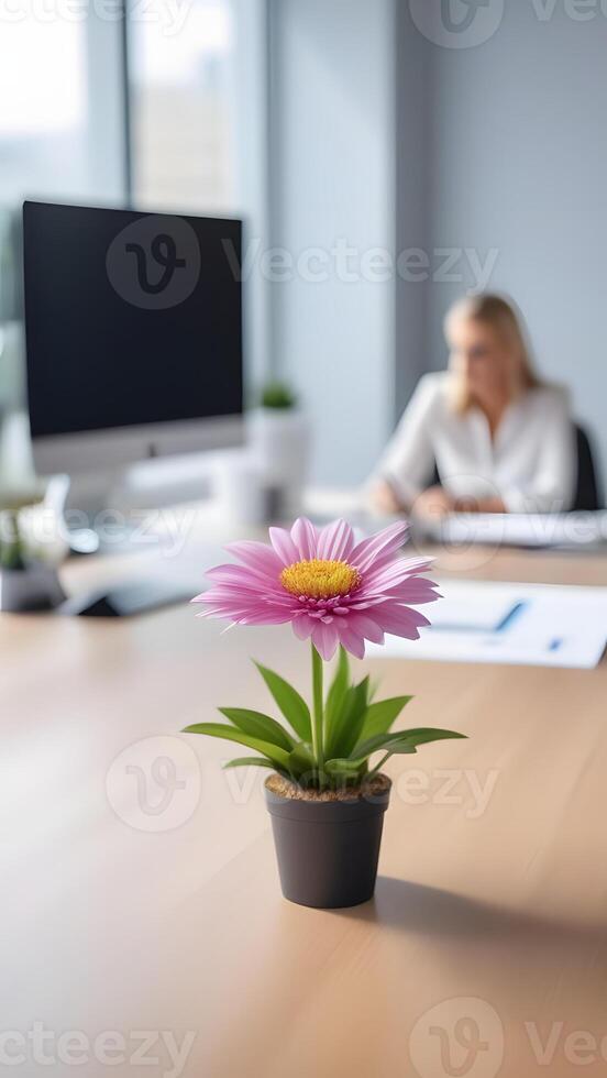 AI Generated office work, in focus flower on desktop, on blurred background office where employees work photo