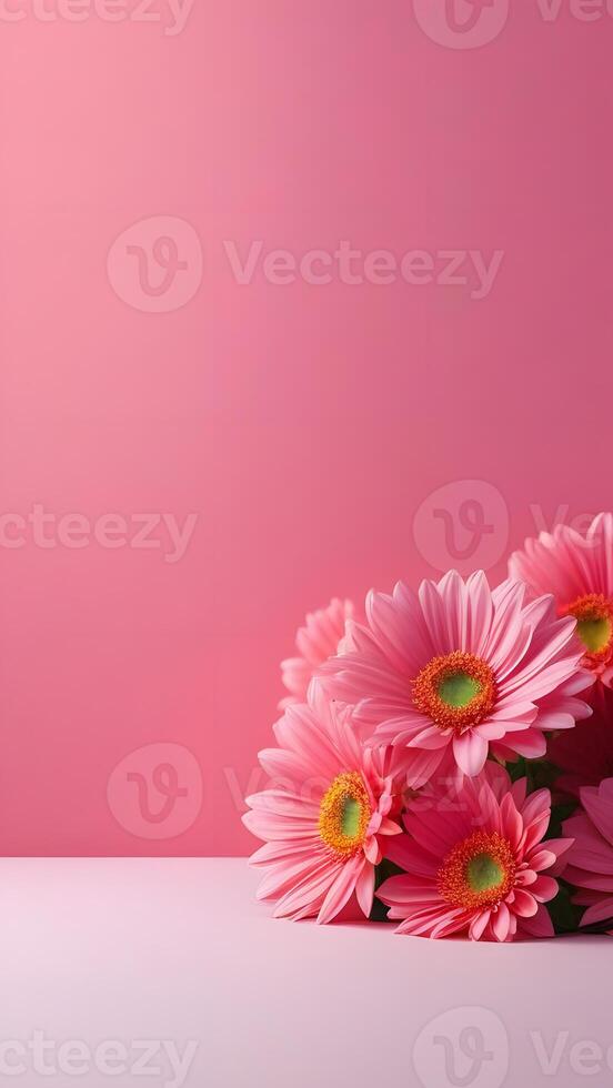 AI Generated  minimalistic background for Instagram, story format, pink background with flowers photo