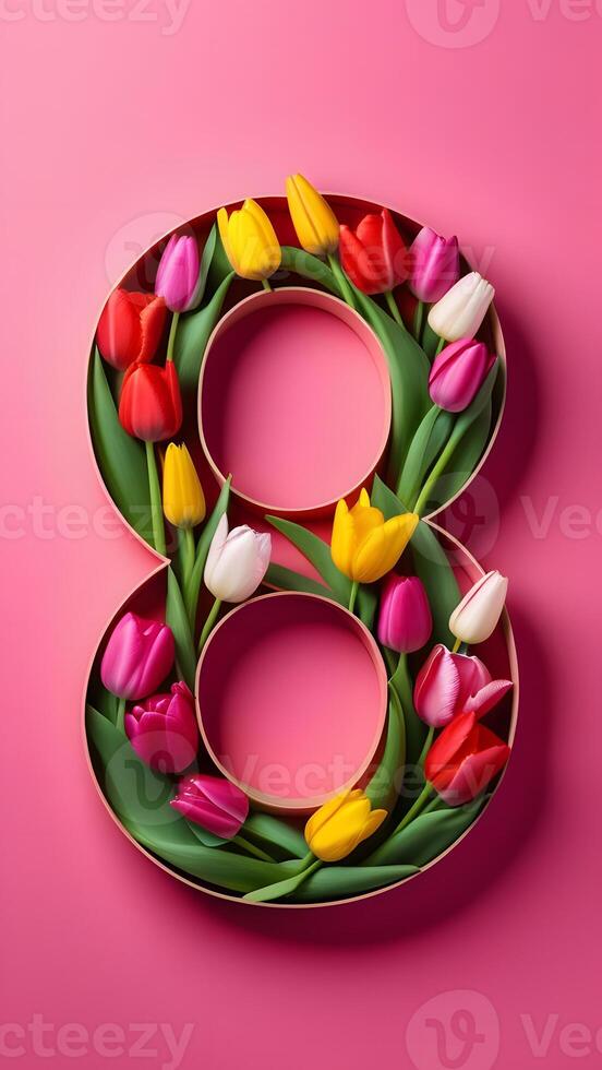 AI Generated Number in the form of flowers lined with tulips pink background vertical format photo