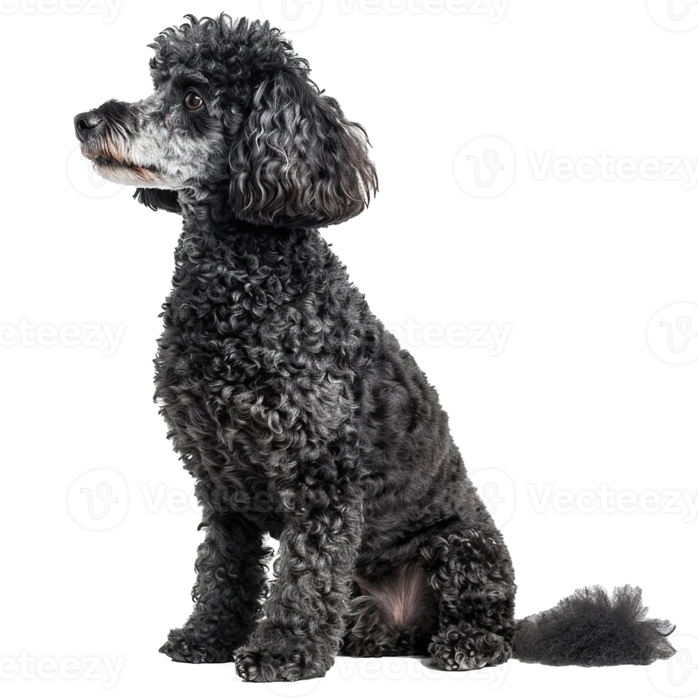 AI generated Black poodle sitting and looking up isolated on transparent background png