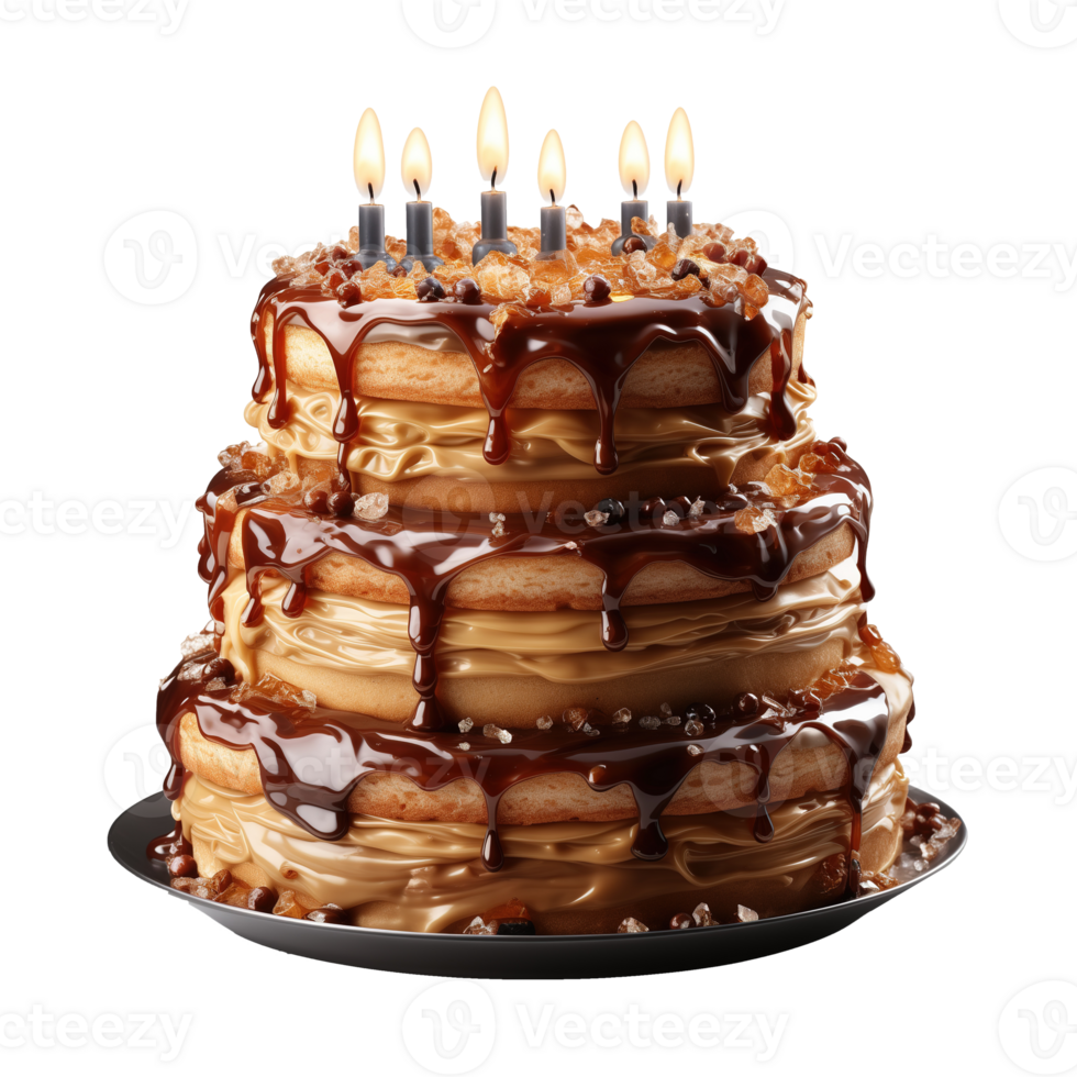 AI generated Birthday cake with chocolate glaze and burning candles isolated on transparent background png