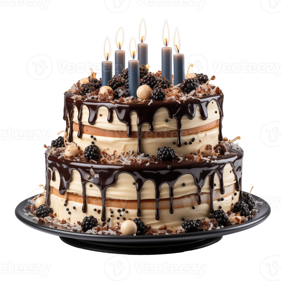 ai generiert Geburtstag Kuchen mit Brombeeren und Kerzen isoliert auf transparent Hintergrund png