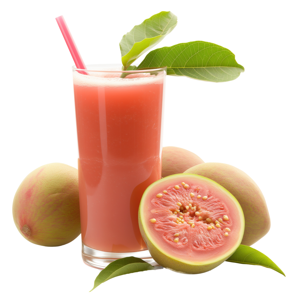 AI generated Fresh guava juice and guava fruits isolated on transparent background png