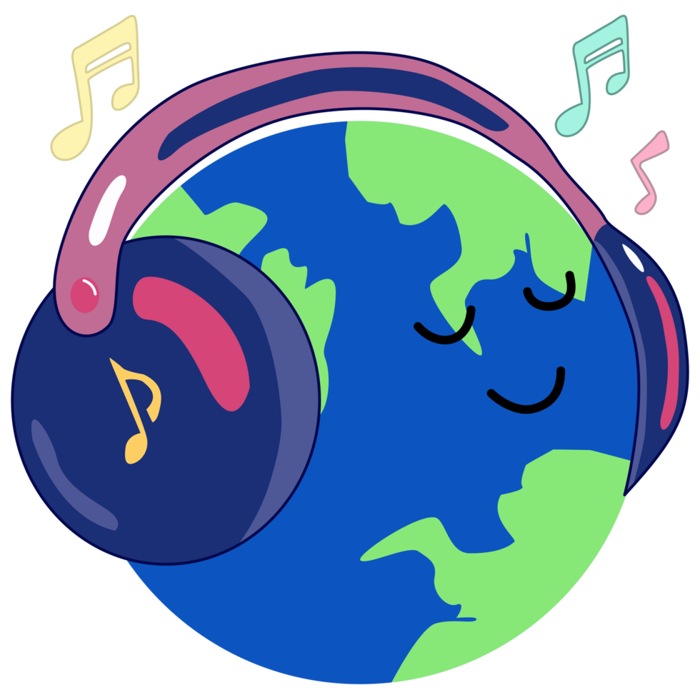 Cute happy globe with pink headphones. World music day concept. png