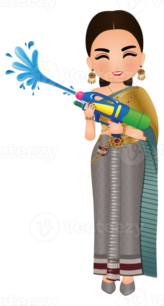 Happy cartoon traditional thai dress costume enjoy in Songkran festival Thailand png