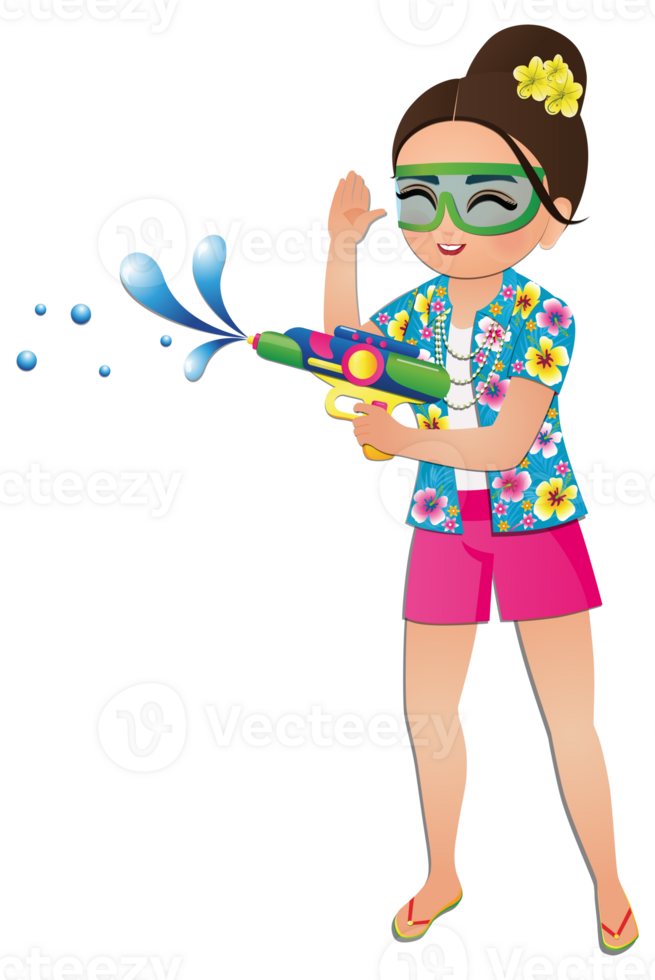 Happy cute cartoon wearing flower shirt smiled enjoy for Songkran festival in Thailand png