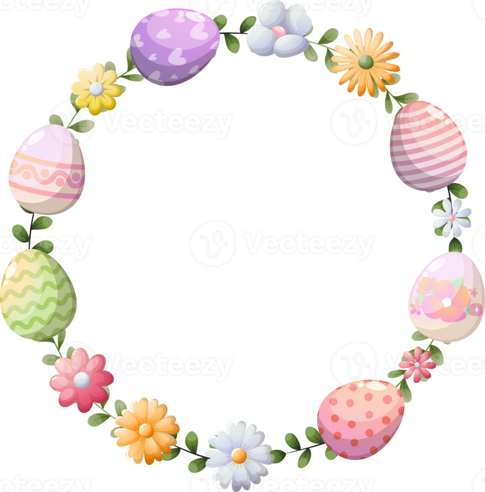 Easter wreath with flowers and eggs for greeting card png