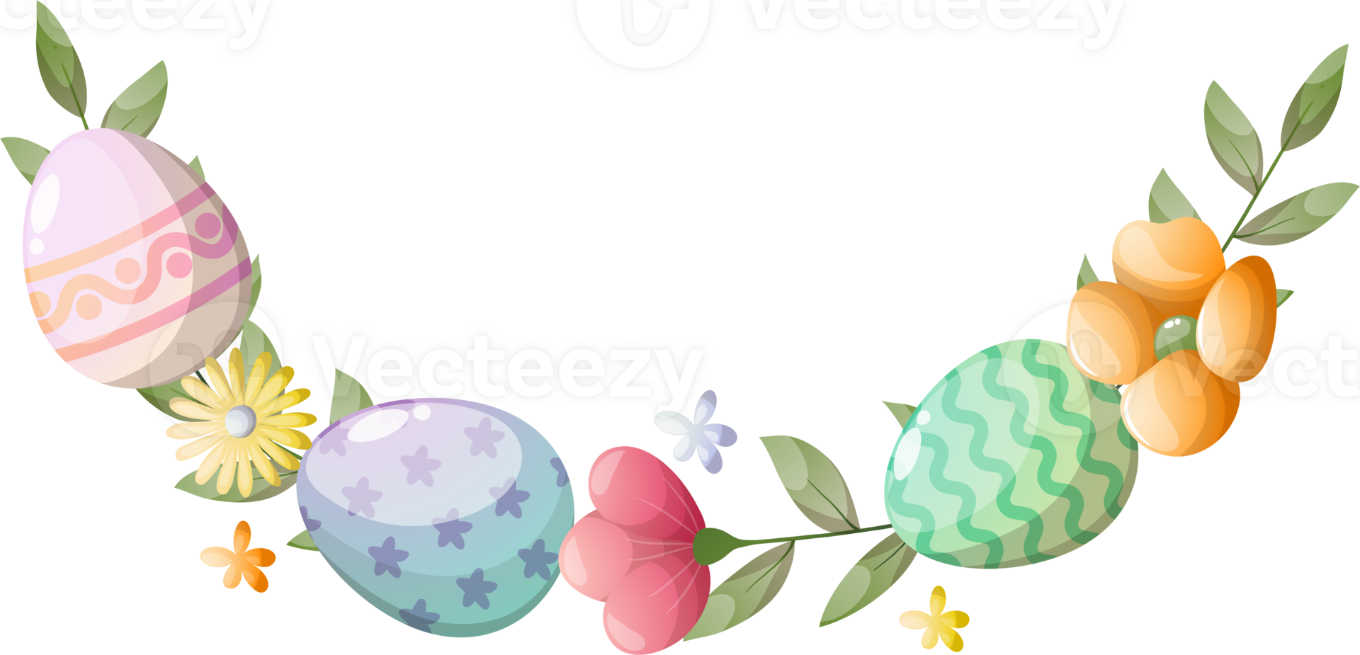Easter wreath with flowers and eggs for greeting card png
