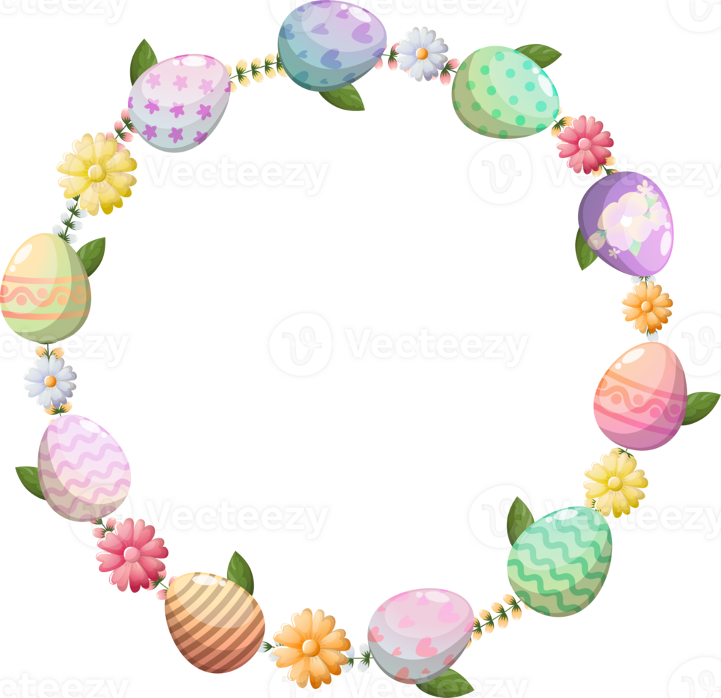 Easter wreath with flowers and eggs for greeting card png