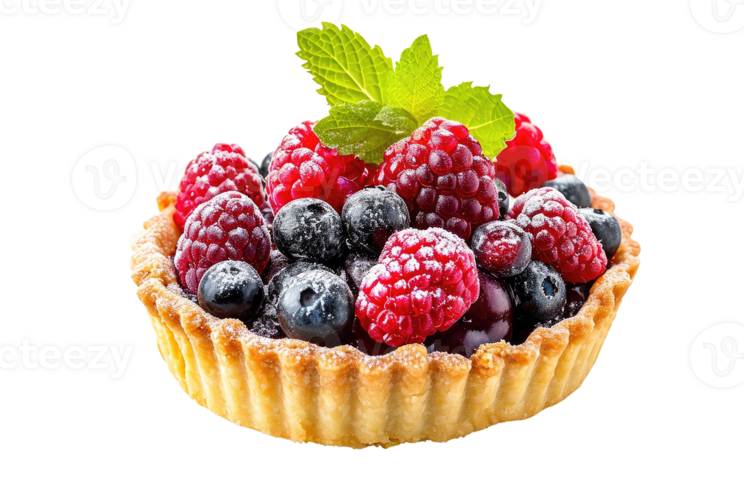 AI generated Sweet tartlet with raspberries and blueberries isolated on transparent background png
