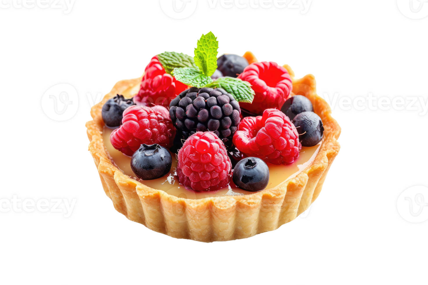 AI generated Sweet tartlet with raspberries and blueberries isolated on transparent background png