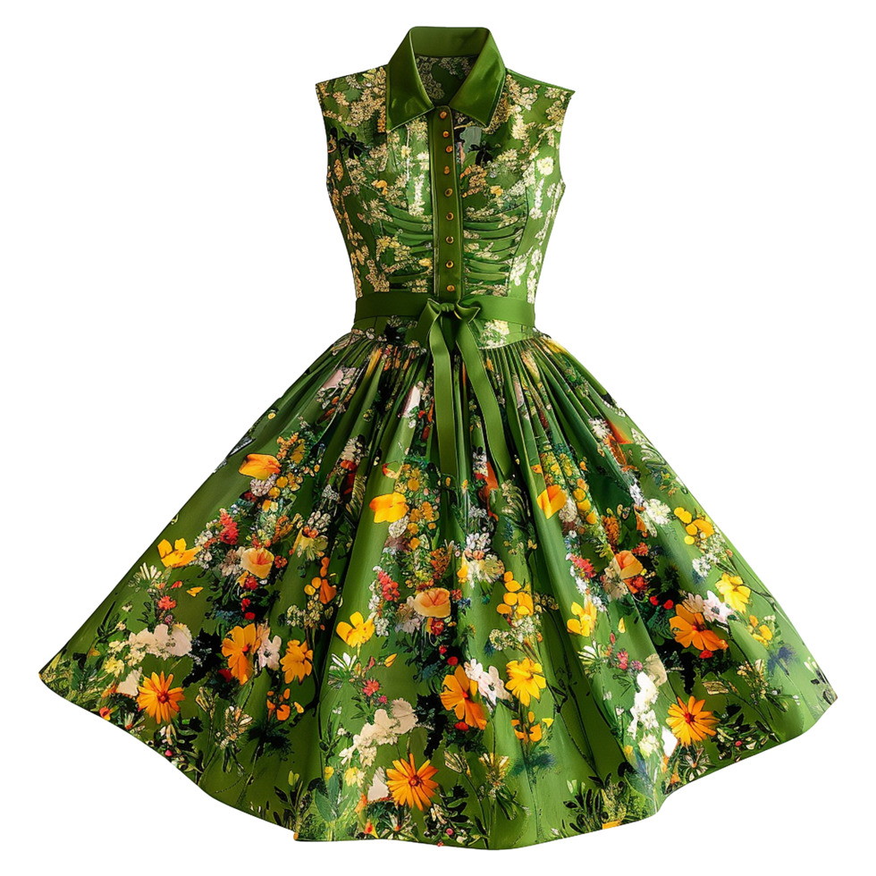 AI generated Floral patterned retro green dress isolated on transparent background png