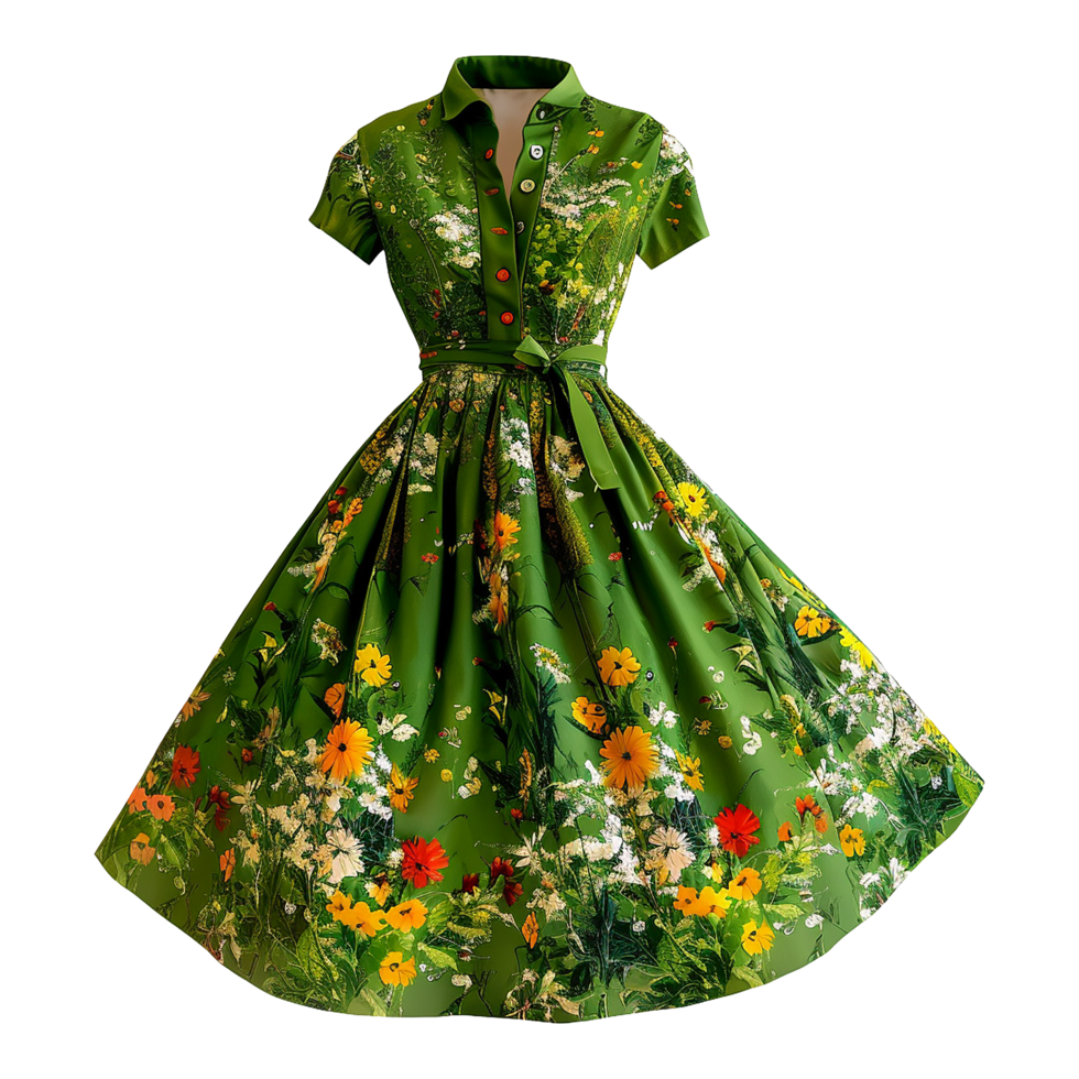 AI generated Floral patterned retro green dress isolated on transparent background png
