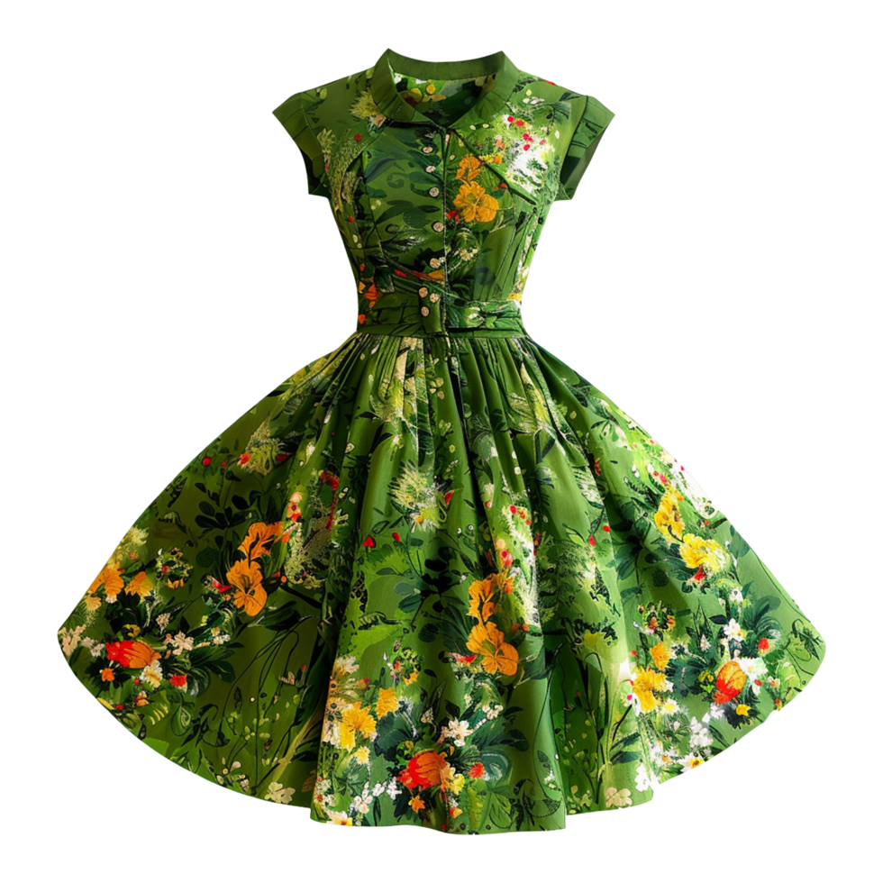 AI generated Floral patterned retro green dress isolated on transparent background png