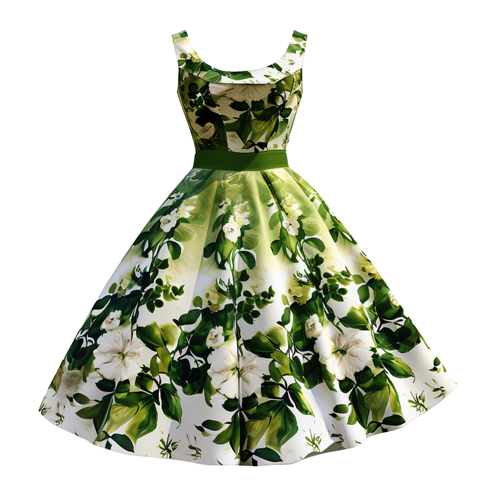 AI generated Floral patterned retro green dress isolated on transparent background png