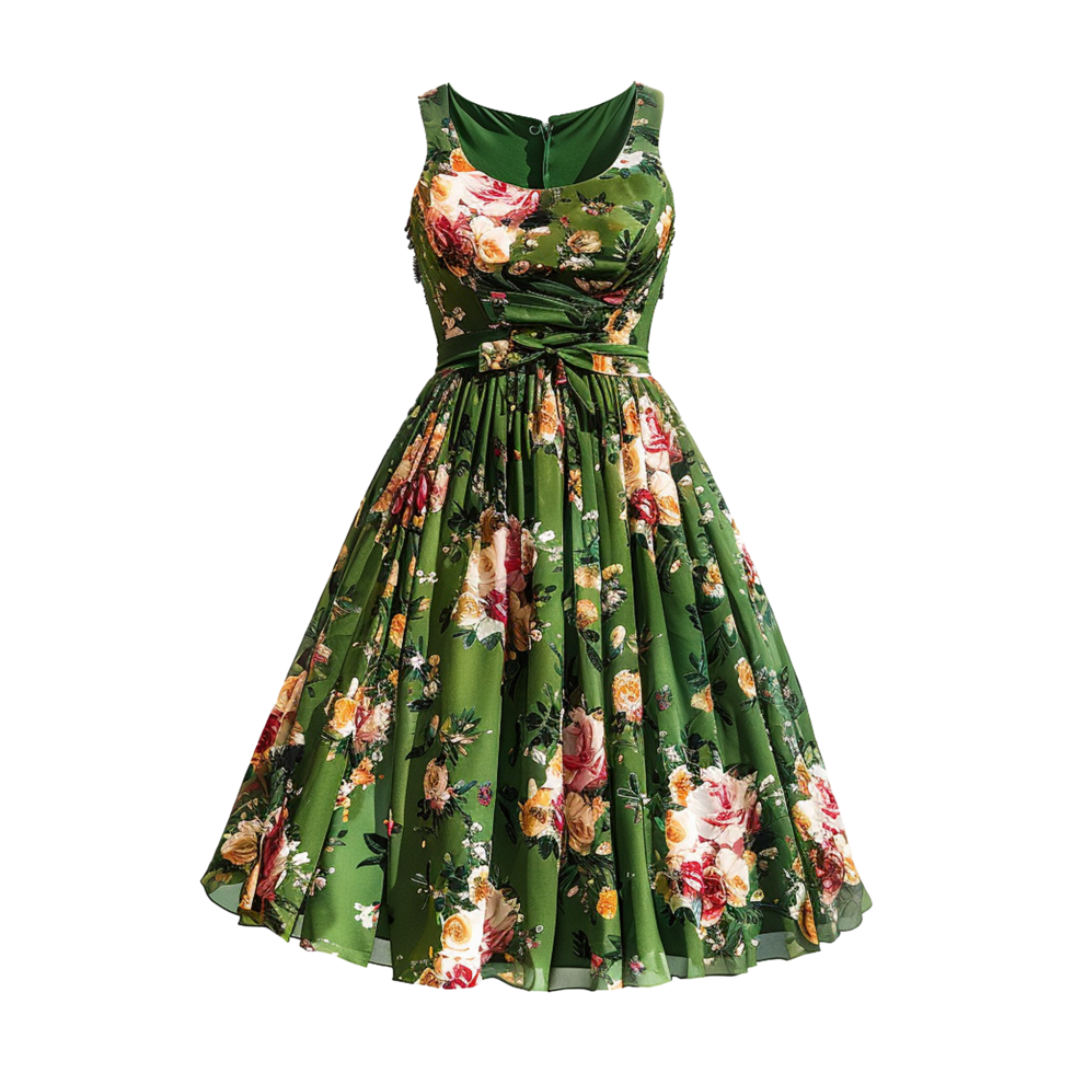 AI generated Floral patterned retro green dress isolated on transparent background png