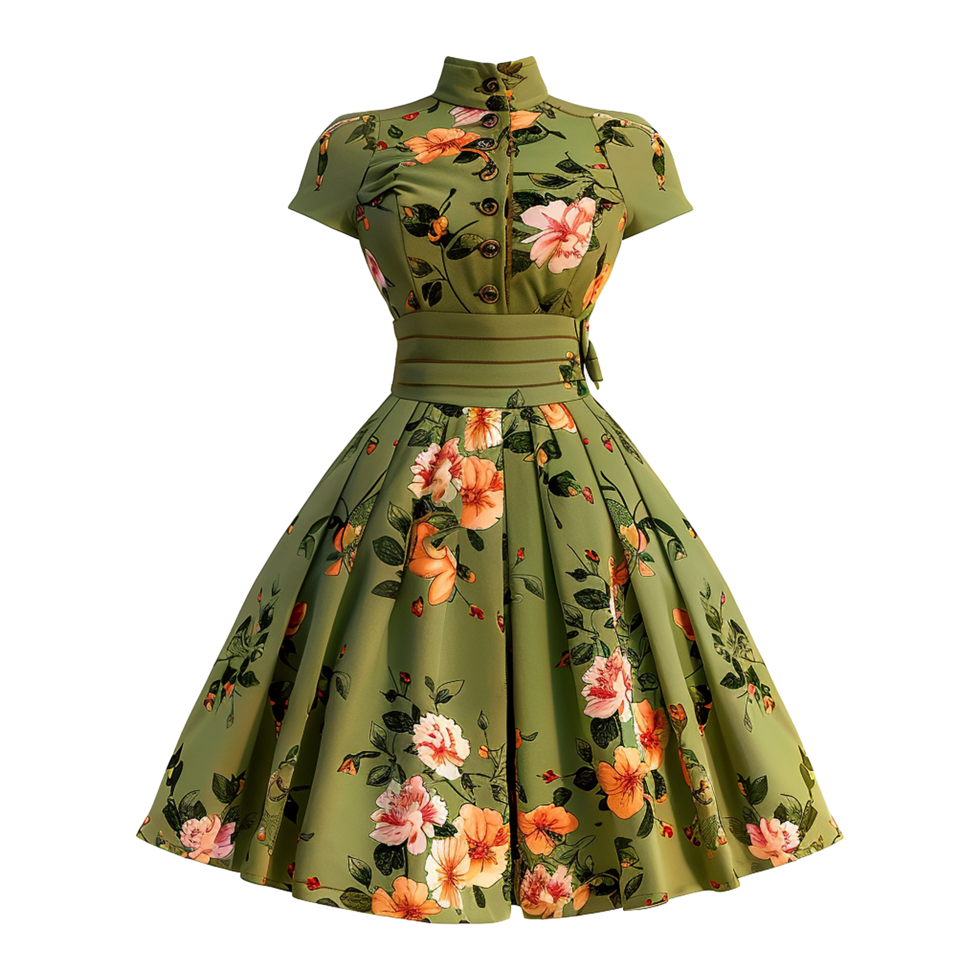 AI generated Floral patterned retro green dress isolated on transparent background png