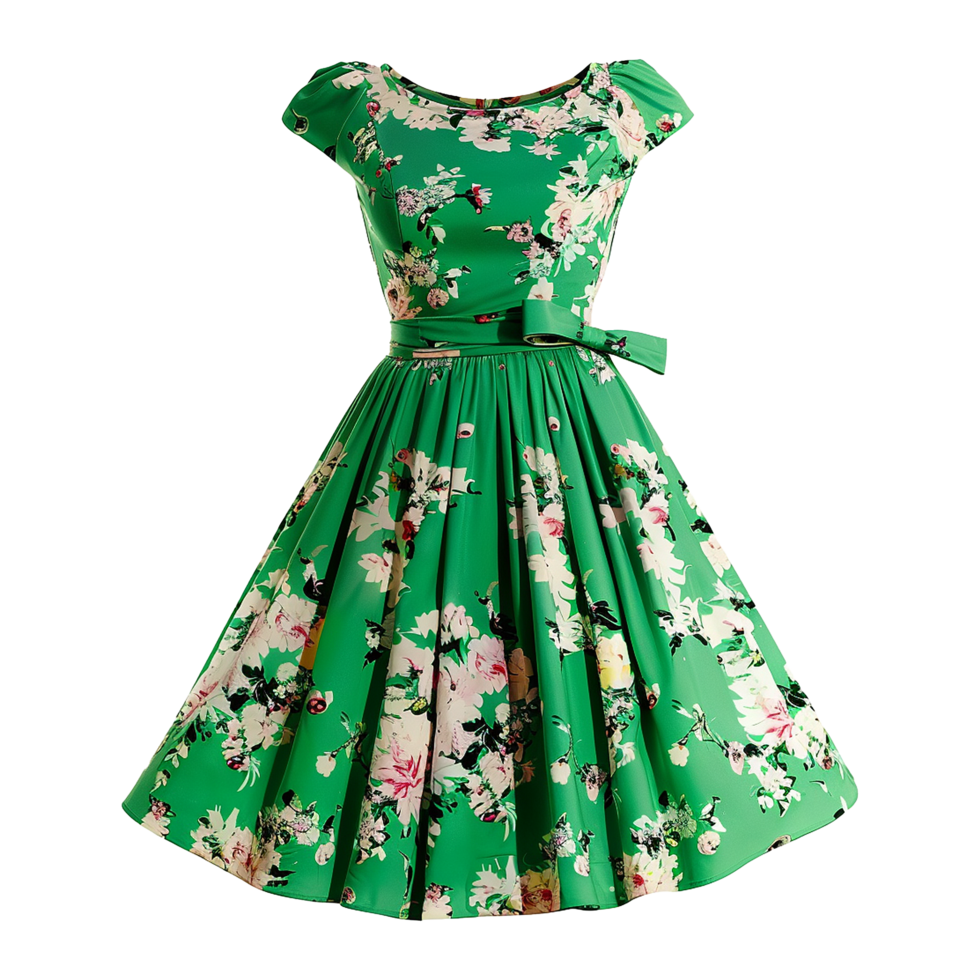 AI generated Floral patterned retro green dress isolated on transparent background png
