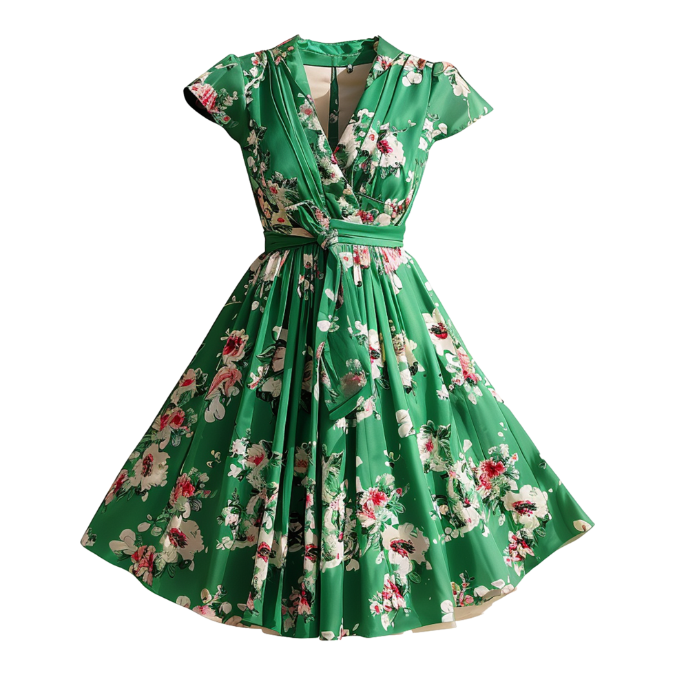 AI generated Floral patterned retro green dress isolated on transparent background png